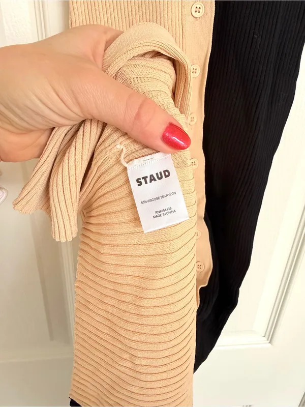 STAUD Shoko Two Tone Ribbed Button Down Midi Dress Colorblock Cream tan Black XS - Image 9