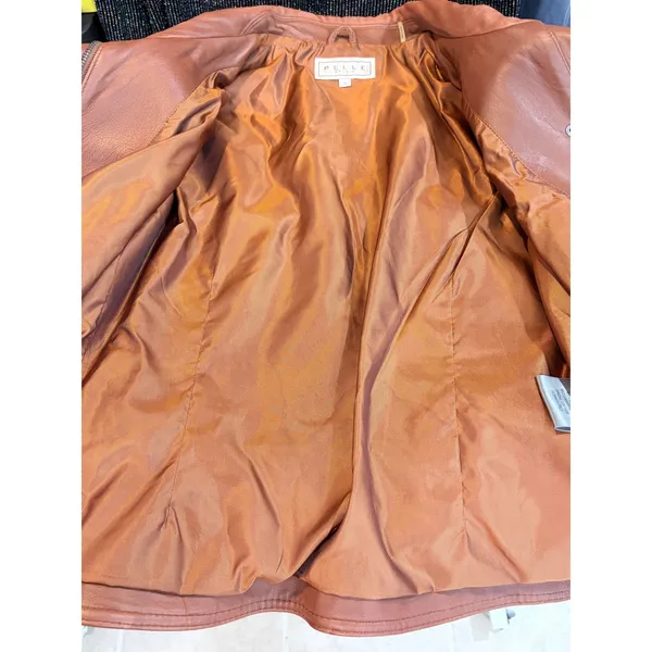 Y2K Vintage Leather Moto Jacket Cognac Brown Pelle Studio Funnel Neck M - Image 11