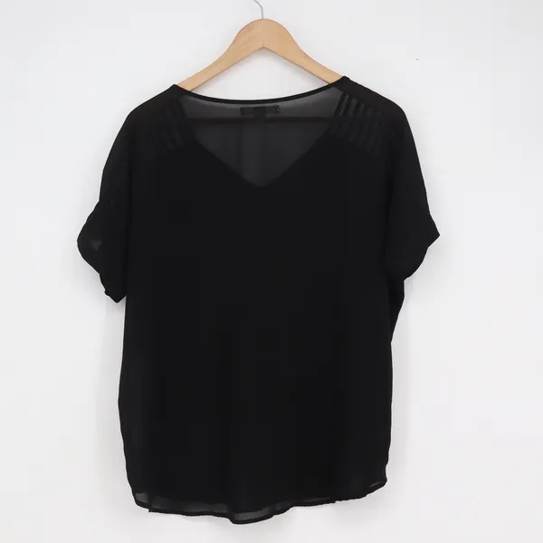 YA Los Angeles Black V-Neck Blouse Short Sleeve Ladder Cutout Sheer Back Large - Image 3