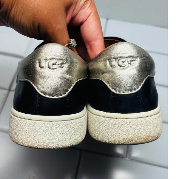 UGG Cas Slip-On Sneakers Womens 11 Black Leather Good Metallic Heel Slip On Shoe - Image 5