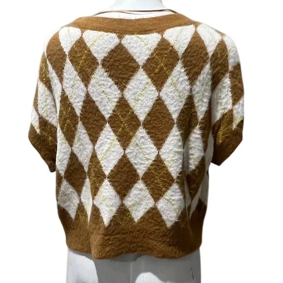 Free People Sweater Vest Womens Petite S Brown Ivory Argyle V-Neck Fuzzy - Image 2