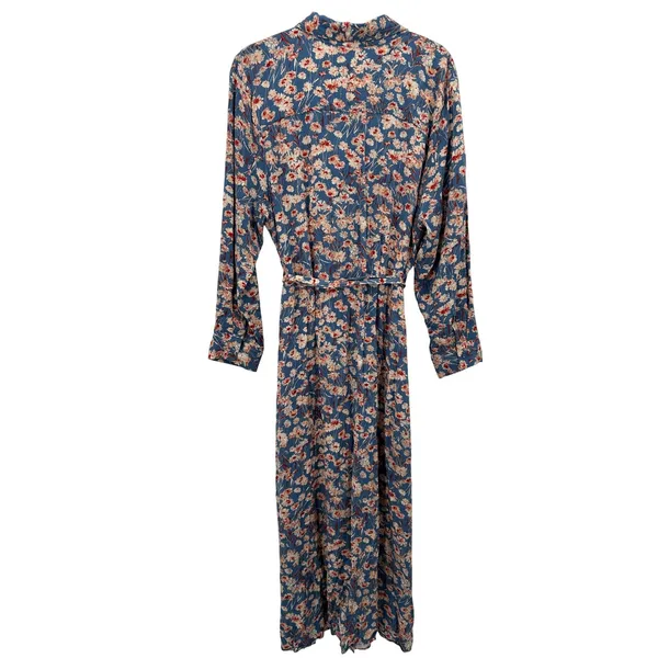 Haute Hippie Tribe Blue Floral Long Sleeve Button Midi Shirt Dress XL Boho Indie - Image 2