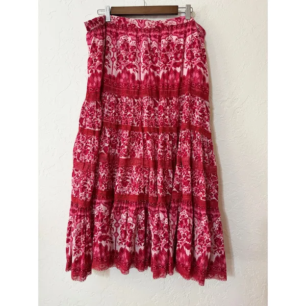 intage Gadzooks Floral Tiered Peasant Maxi Skirt Red Pink Lace Flaw Size Small - Image 2