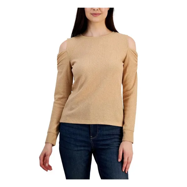 Tommy Hilfiger Womens Metallic Cold Shoulder T-Shirt J2IH6834 Camel Brown L - Image 5