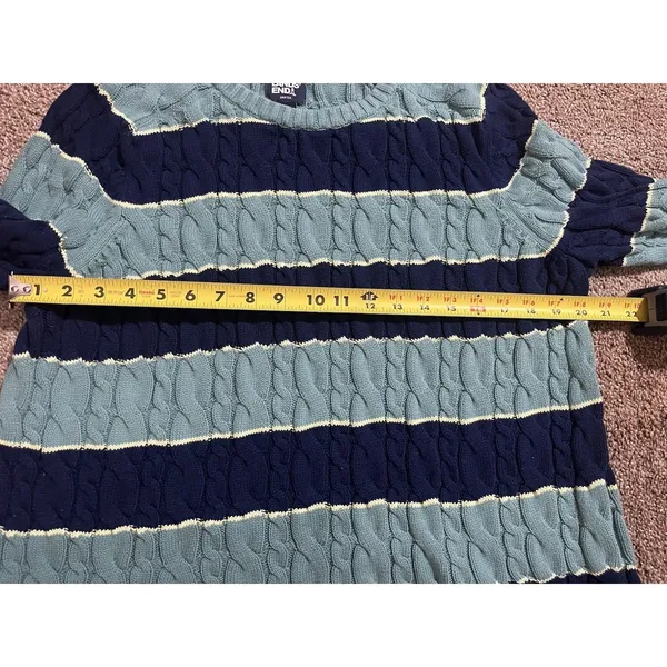 Lands End Sweater Women's Large Navy Drifter Cable Knit Stripe Nautical‎ Preppy - Image 6