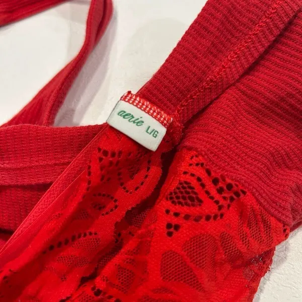 Aerie Lace Bralette Large Red Floral Lace V Neck Soft Stretch - Image 3