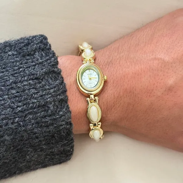 Dainty Vintage Gold And White Stone Watch - Image 6