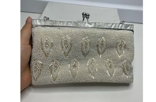 Handmade Vintage Ivory white All Beaded Top Handle Bag With Mother Of Pearl Detailing - Image 2