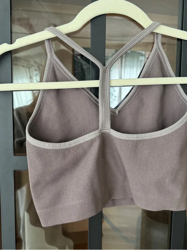 SET Active sports bra tank top Sculptflex Ribbed Pepper halter vneck taupe - Image 4