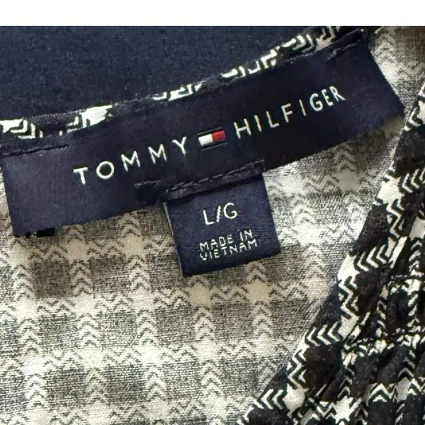 Tommy Hilfiger Womens Navy White Plaid Smocked Peplum Blouse Size L Tie Cuff Top - Image 4