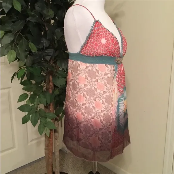 Anthropologie Lulumarie Pink & Blue Boho Print Adjustable Spaghetti Strap Tank Top M - Image 5