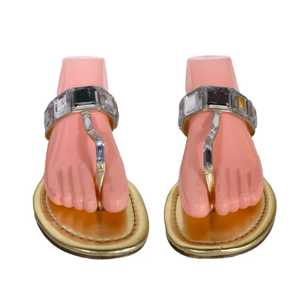 Express Gold Faux Leather With Clear Plastic Crystals Thong Sandals (8) - Image 2