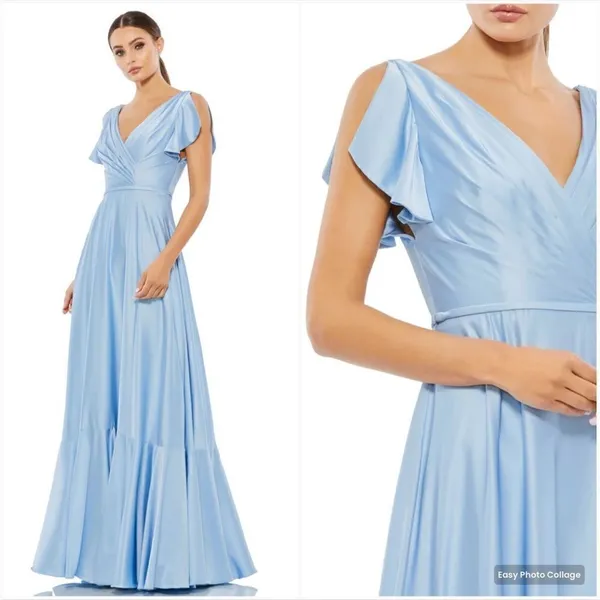 NWT Mac Duggal Blue FLOUNCE SLEEVE SATIN GOWN Missing Belt Size 2 - Image 2