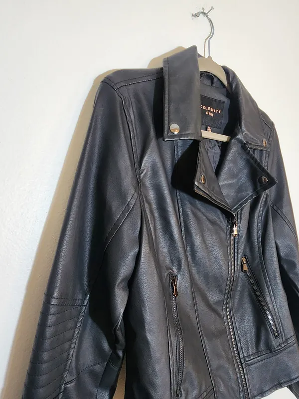 Celebrity Pink Black Faux Leather Moto Jacket Size Medium - Image 4