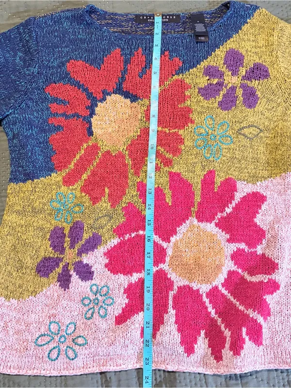 Y2K Floral Knit Sweater Daisy Patchwork Crazy Horse Medium Blue - Image 5