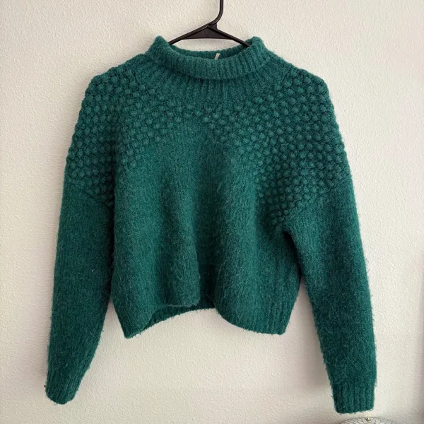 Free People Teal Green Bobble Knit‎ Mock Neck Cropped Sweater OB1508649 Small - Image 3