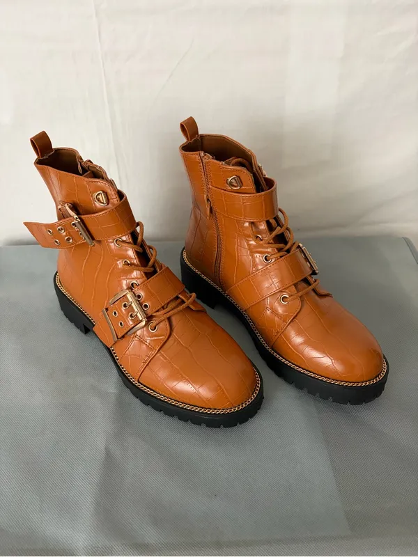 ASOS Design Brown Croc Embossed Combat Ankle Boots Buckle women’s size 7(B219) - Image 2