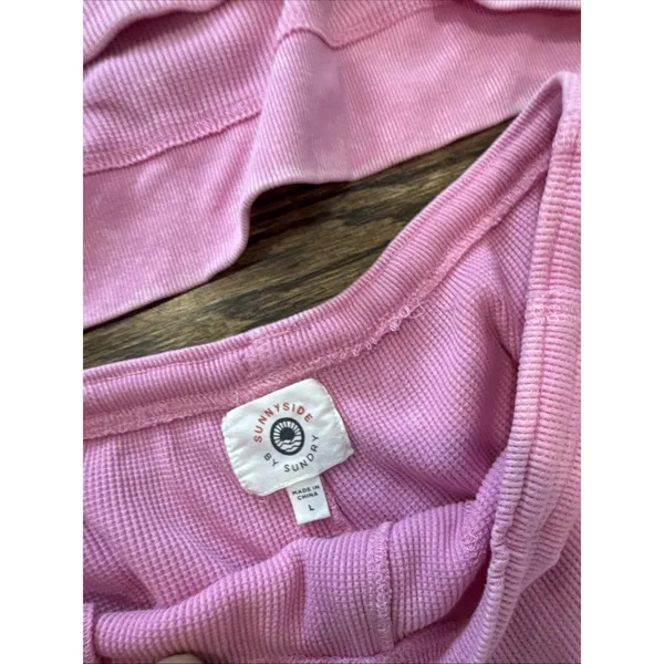 Sundry Anthropologie Pink Waffle Knit Top Pants Lounge Set Women's Large 3018 - Image 6
