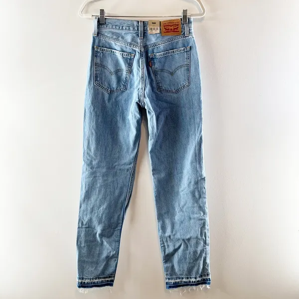 Levi's Low Pro Straight Leg Ripped Knees Released Raw Hem Jeans Blue 24 - Image 4