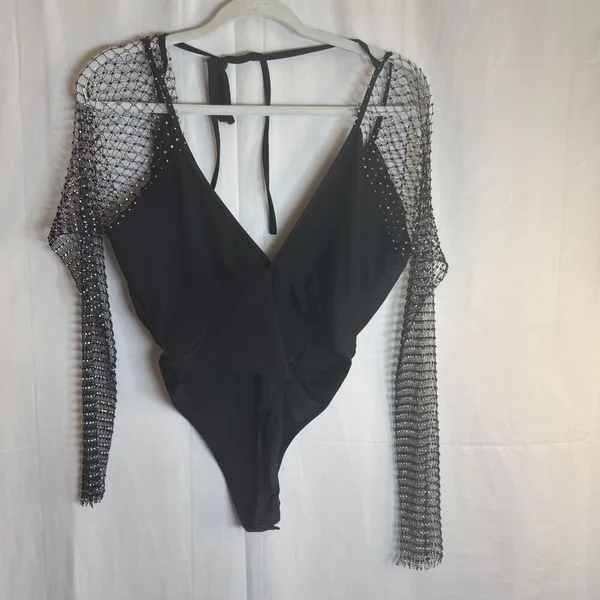 ENVME BLACK STRETCH RHINESTONE MESH BODYSUIT SNAP CROTCH Size Small NWT - Image 2