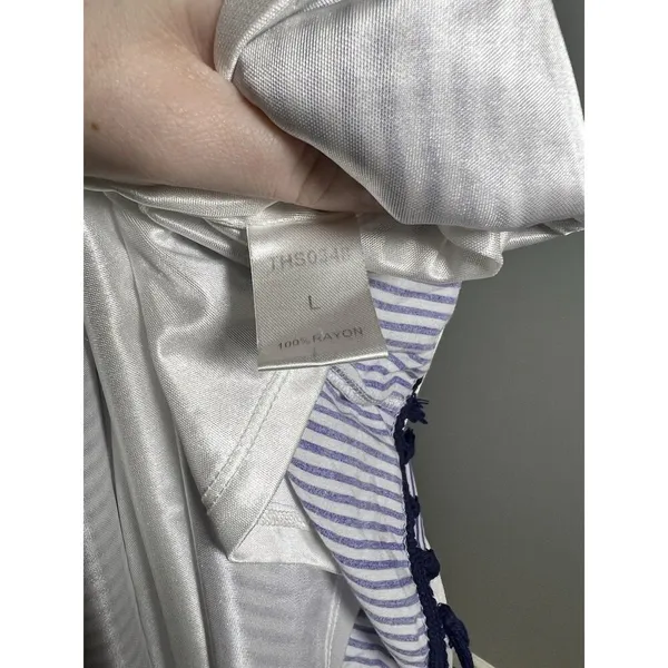 THML Blue White Striped Embroidered Halter Mini Dress Tassel Hem‎ Large - Image 3