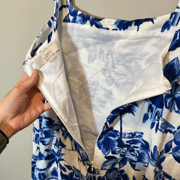LOFT Blue White Mediterranean European Toile Linen Blend Mini Dress Palm Tree 14 - Image 6