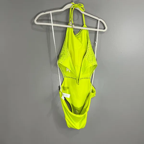 Aerie NWT Neon Green Jacquard Cut Out String One Piece Swimsuit Size Med - Image 9