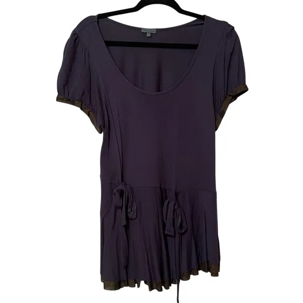 Anthropologie Left of Center Navy Blue Short Sleeve Tunic Camo Print Trim L Y2K Lagenlook Raw - Image 2