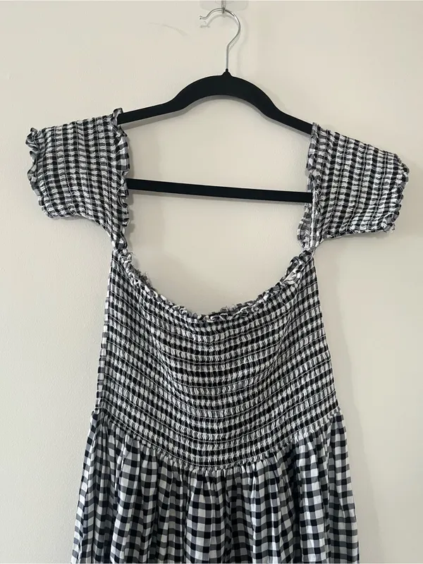 Forever 21 Black White Gingham Check Smocked Midi Dress Medium Western Fall - Image 2