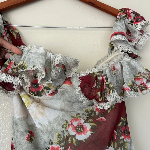 ASOS Red And Cream Off The Shoulder Floral Ruffle Trim Mini Dress US Size 4 - Image 4
