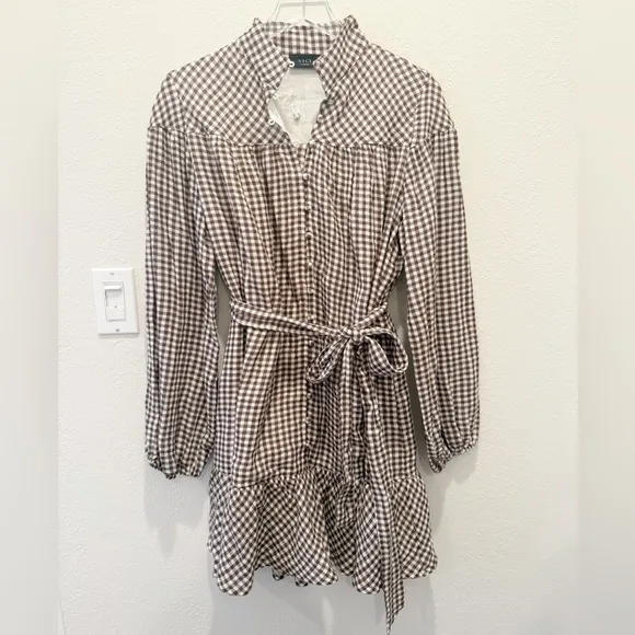VICI Sweet‎ Autumn Plaid Belted Long Sleeve Mini ShirtDress Brown & Cream Large - Image 4