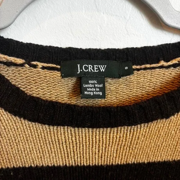 vintage 90s fall wool chocolate brown tan J.Crew Striped Sweater Elbow Patch Black - Image 2