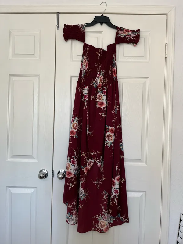 FDSC formal maroon floral off the shoulder dress - Image 5