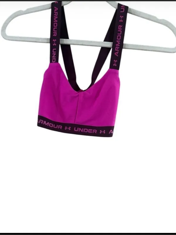 Under Armour Women's Bright Magenta Sports Bra with Black Logo Straps - Image 2