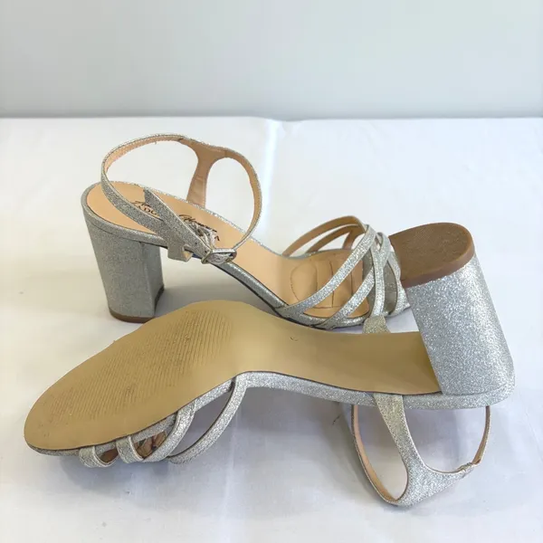 American Glamour Badgley Mischka Silver Glitter Block Heel Sandals Womens 6‎ - Image 9