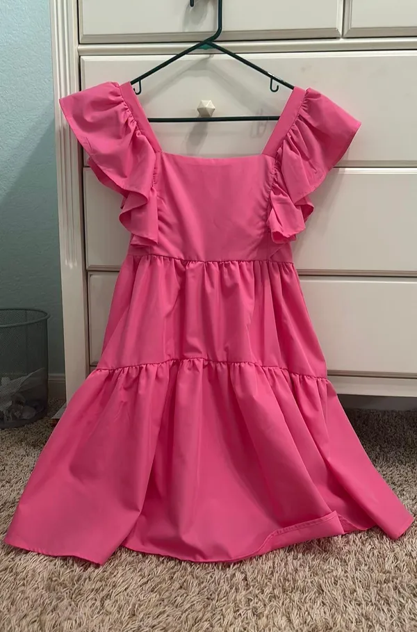 boutique flutter sleeve hot pink fit and flare midi dress - Image 2