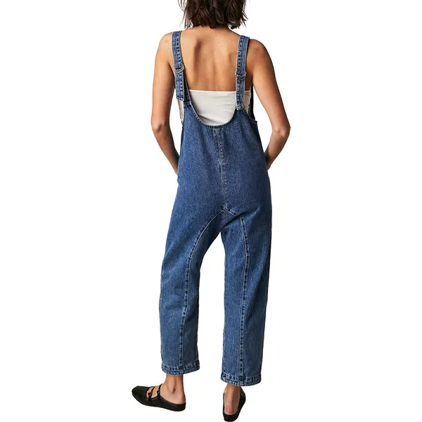 Free People We The Free Sapphire Blue Cotton High Roller Relaxed Denim Jumpsuit - Image 5