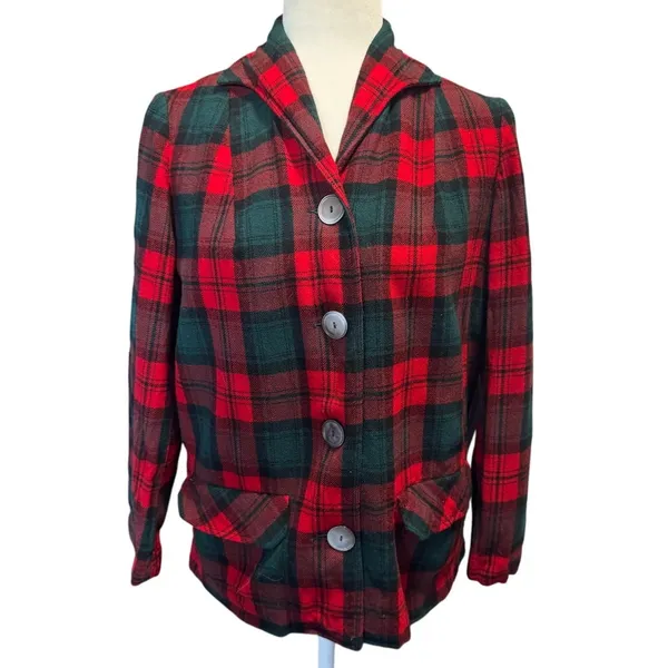 1960s Pendleton “49er” Wool Jacket – Vintage Red & Green Tartan Plaid – XS/S - Image 2
