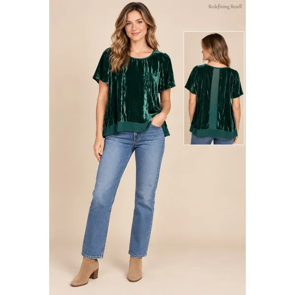 Maeve Anthropologie Forest Green Crushed Velvet Sheer Back Top Small - Image 2