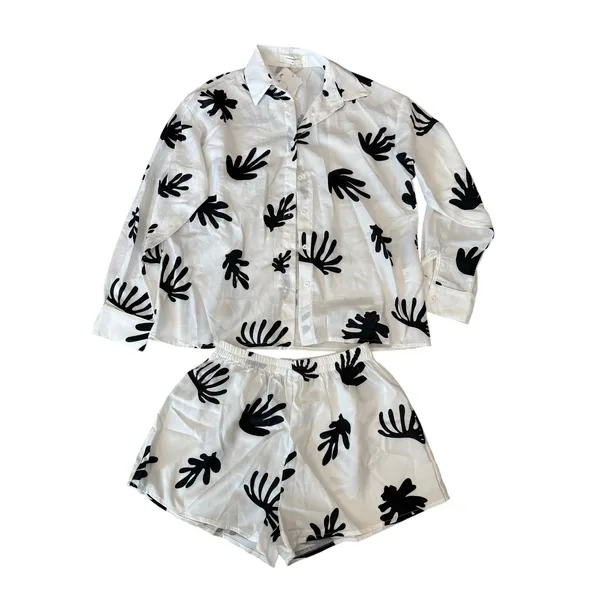Commense Chill Life Plant Print Casual Relaxed Vacation Top & Short Set White XS - Image 2