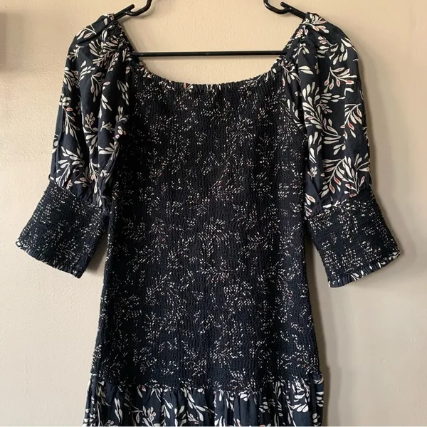 Zara Penny Ruched Black Floral Linen Blend Boho Puff Midi Dress Size Small - Image 4