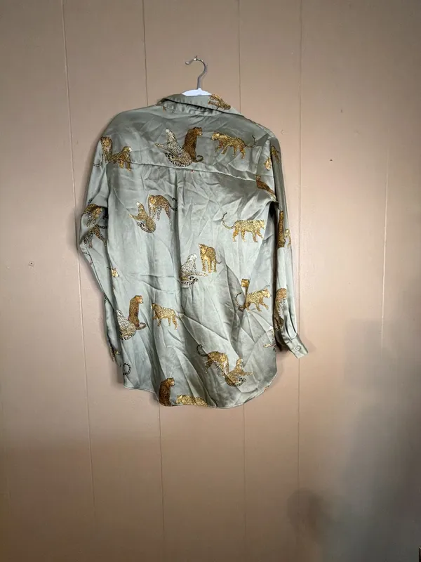 Zara Long Sleeve Satin Button-Down Shirt with Leopard Print - Image 3