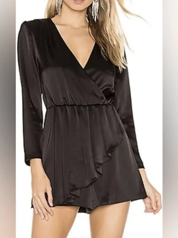 Alice + Olivia Demo Long Sleeve Satin Romper with Ruffle Detail - Image 2
