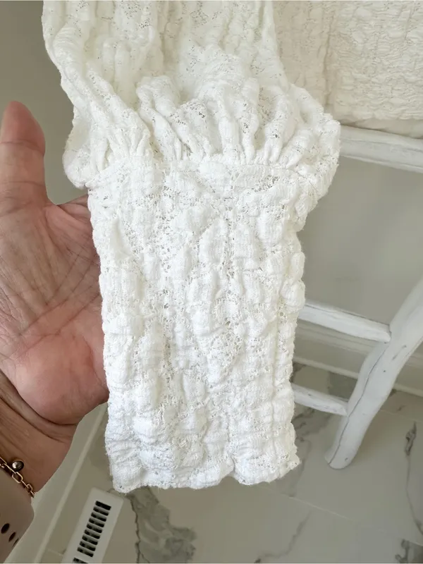 Free People Jasmine Tea Time Cream Textured Puff-Sleeve Knit Top Keyhole Back - Image 5