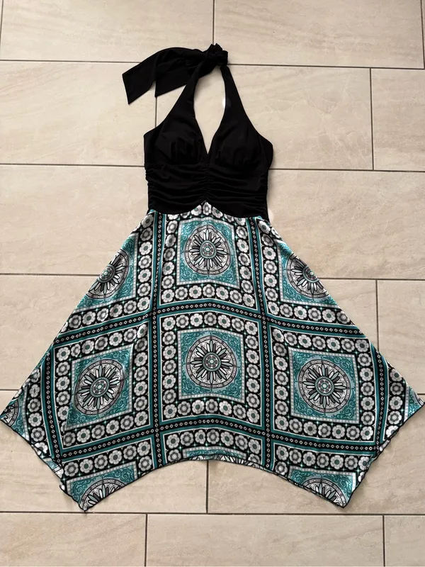 Dressbarn Size 6 Y2K Boho Halter Dress Teal Medallion Handkerchief Hem Ruched - Image 2