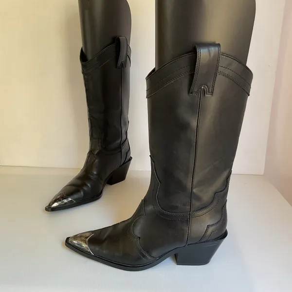 ZARA Women’s Black Western Cowboy Boots Size 37 US 6.5 Silver Metal Toe Y2K - Image 9