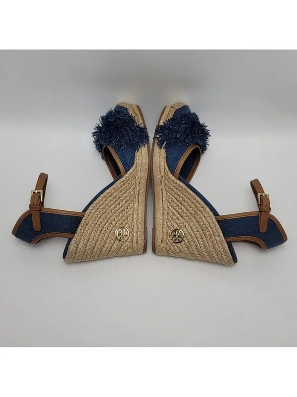 Tory Burch Wedge Espadrille Shaw Blue Denim Fringe Ankle Strap Sandals Size 8.5 - Image 11
