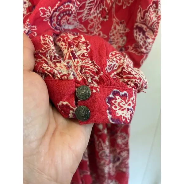 Free People Red Floral Paisley Tassel Tie Mini Dress Long Sleeve Pleated Rayon - Image 5