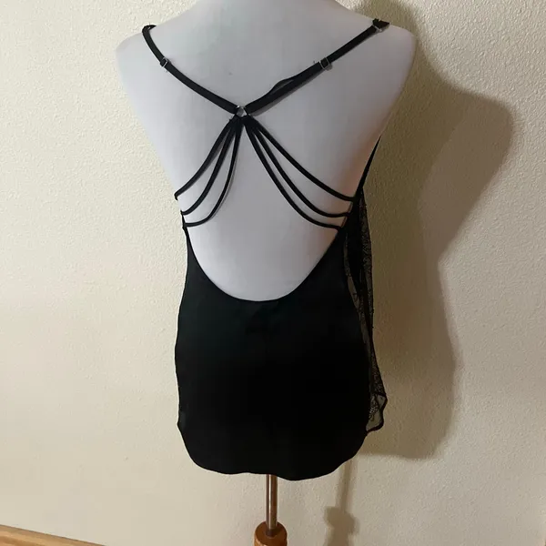 Victoria’s Secret VS black satin plunge V neck lace panel slip dress SMALL - Image 3