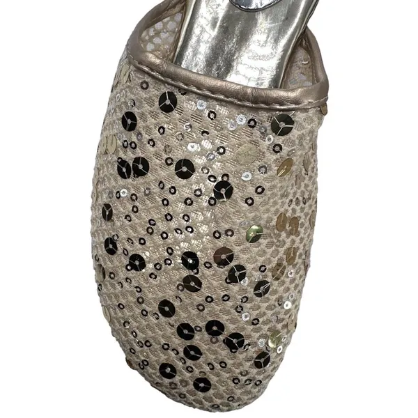 Gold Mesh Slides w/Round Toe Silver & Gold‎ Sequins Open Circle 1.5” Heels - Image 3